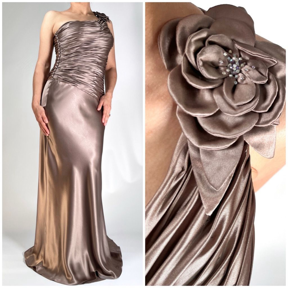 Women's Niteline Taupe Brown Silk One Shoulder Ruffle Formal Gown Dress Size 2